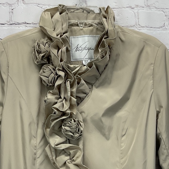 Weatherproof Trench Coat Women's Size M Beige Ruffle Rosette Belted Rain Casual - Picture 8 of 11